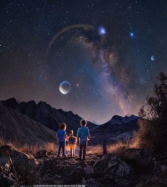 星空无限亲子科普营中孩子通过目镜观察月球环形山，表情惊喜兴奋，家长在旁陪伴，温馨科普氛围